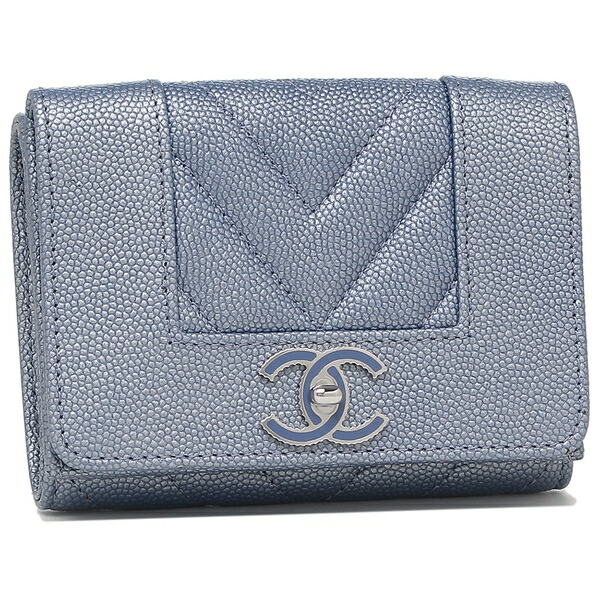 Vステッチ キャビアスキン 三つ折り財布