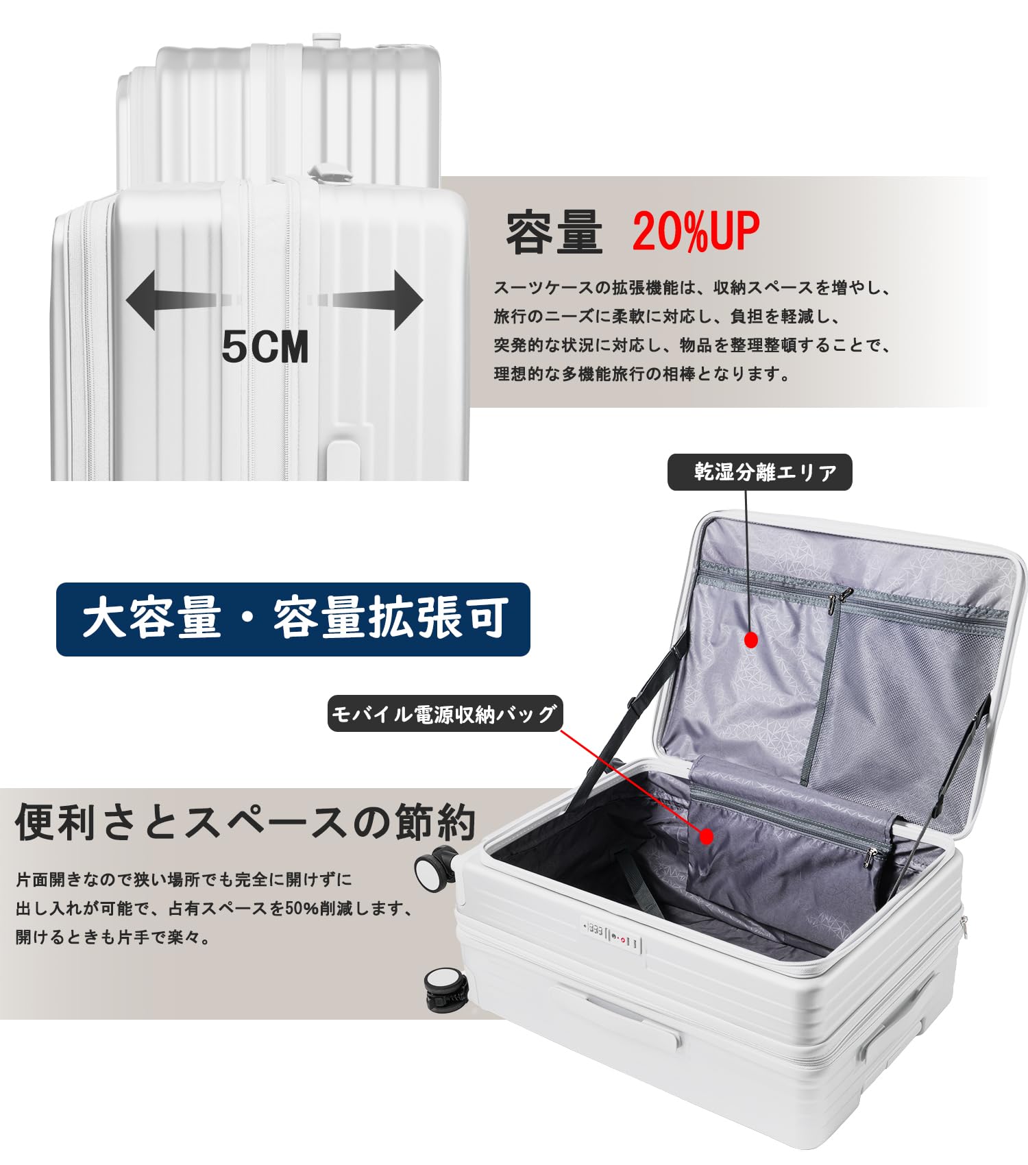 スーツケース キャリーケース 多機能 片開き 拡張機能付き ストッパー付き キャリーバッグ 携帯スタンド USBポート付き