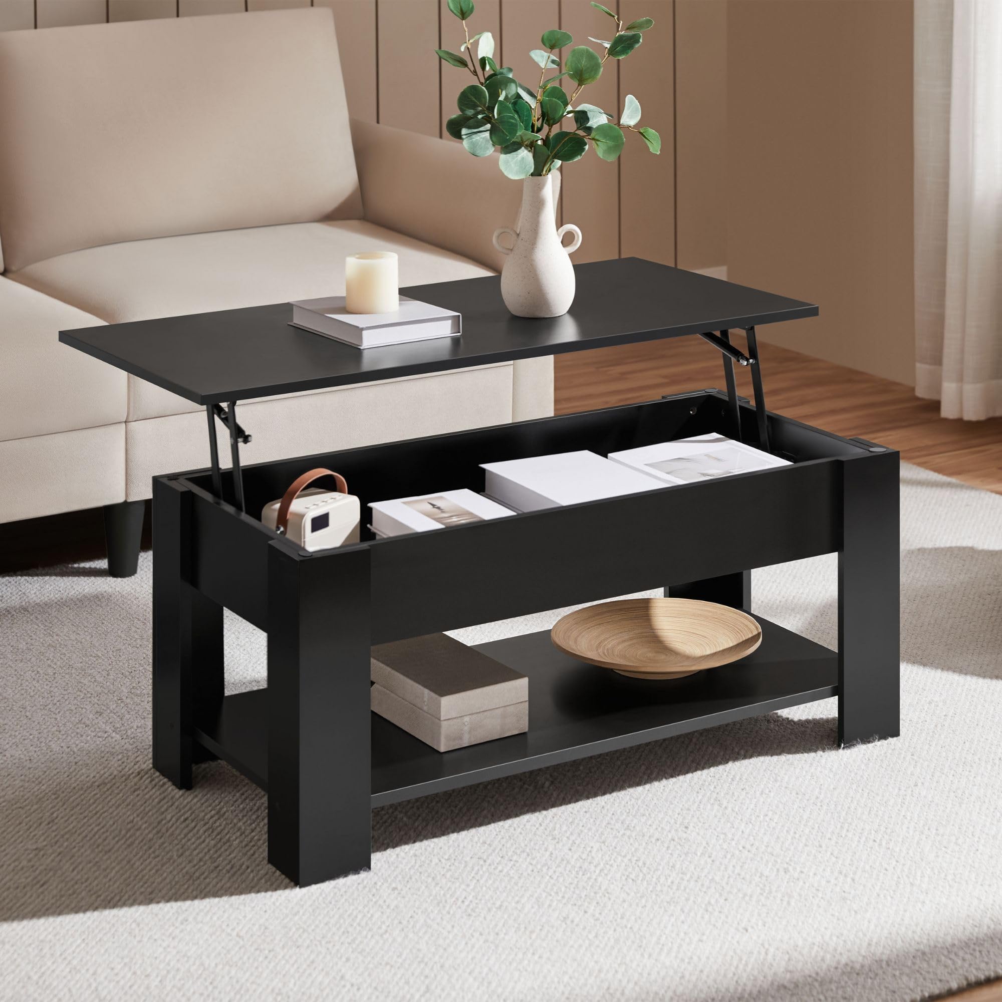 ローテーブル 天板昇降式 収納テーブル 幅98 coffee table 高さ調整 隠す収納 幅98 x 奥行き50 x 高さ41.8-56cm 大容量 組み立て簡単 リ