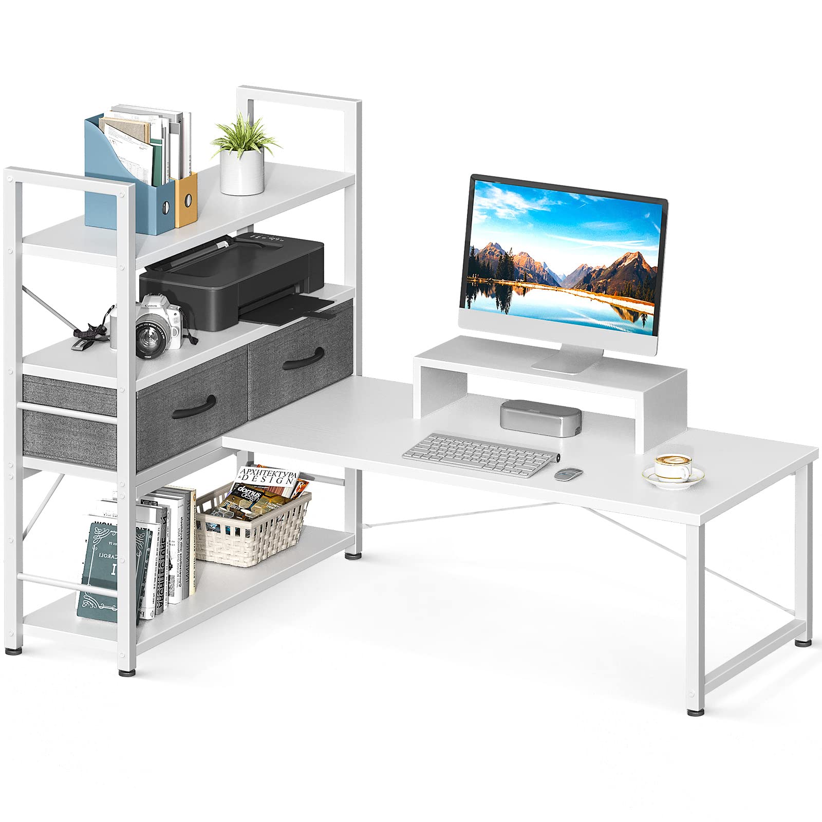 ローデスク パソコンデスク ロータイプ 幅120cm 引き出し付き モニター台付き ゲーミングデスク pcデスク 4段収納ラック付き 左右入れ替