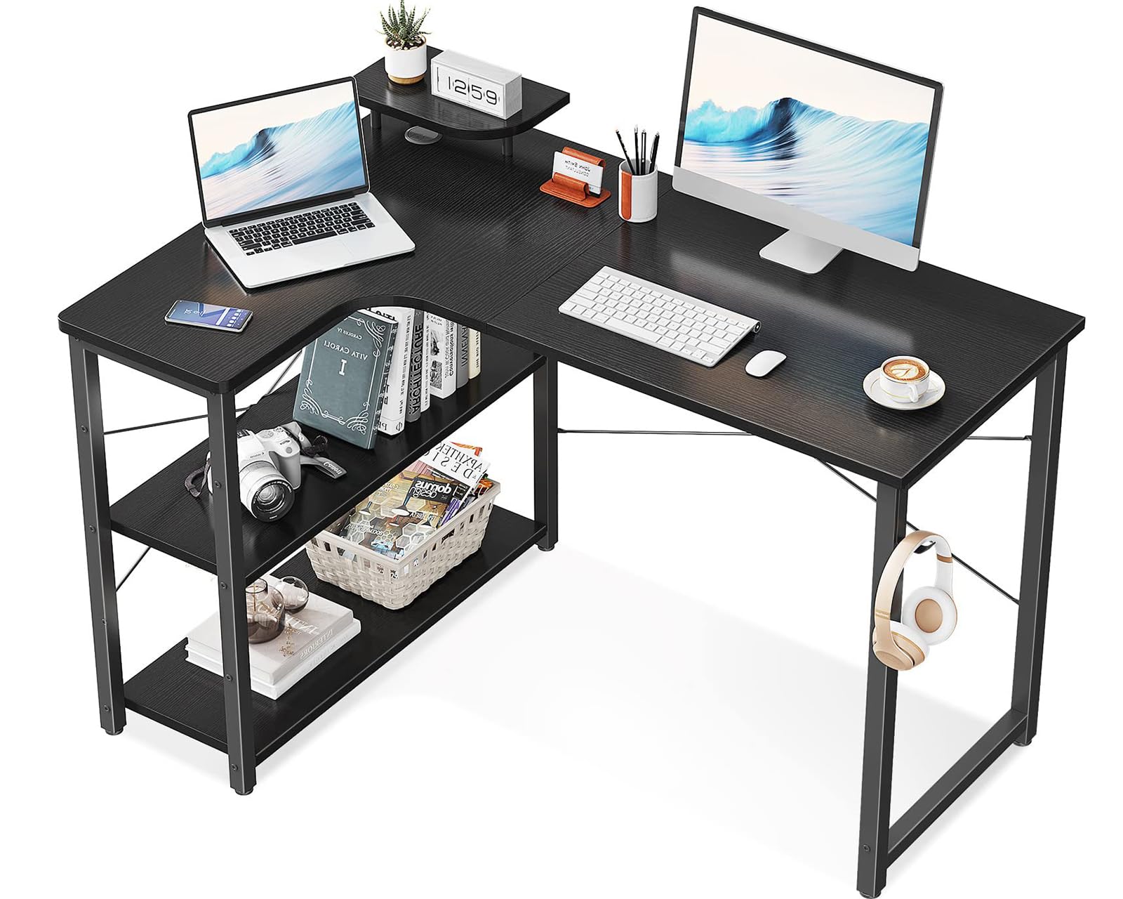 パソコンデスク 字 ゲーミングデスク 幅110 L字デスク pcデスク desk 机 ラック付き 収納 オフィスデスク 在宅勤務 組立簡単 書斎 ブラ