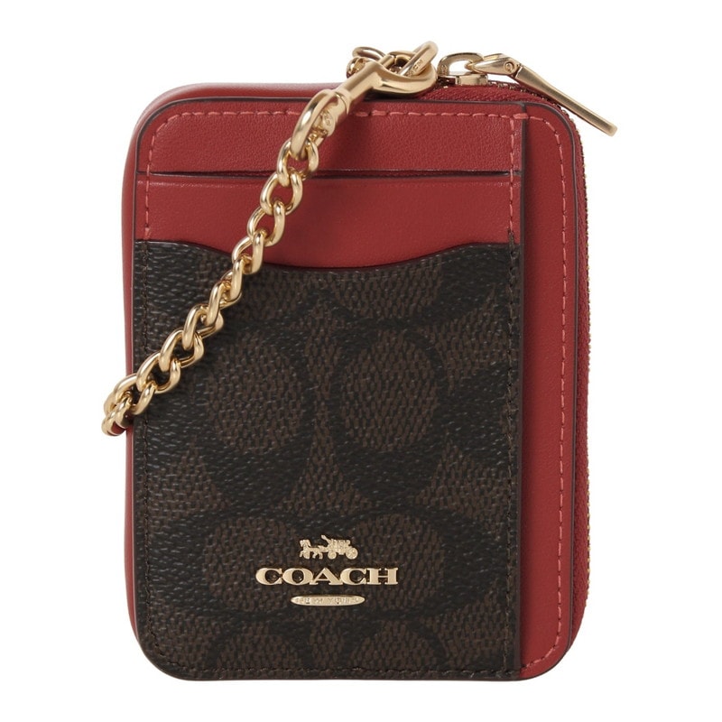 コーチアウトレット COACH OUTLET コインケース CW883 IMXD0 ウォルナット/レッド　パスケース　カード　キー　チェーン付き　シグネチャー
