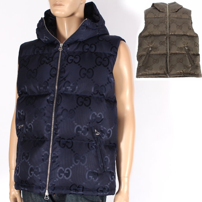 GUCCI ネイビー ダウンキルティングベスト 裏地GGモノグラム GUCCI ネイビー ダウンキルティングベスト 裏地GGモノグラム