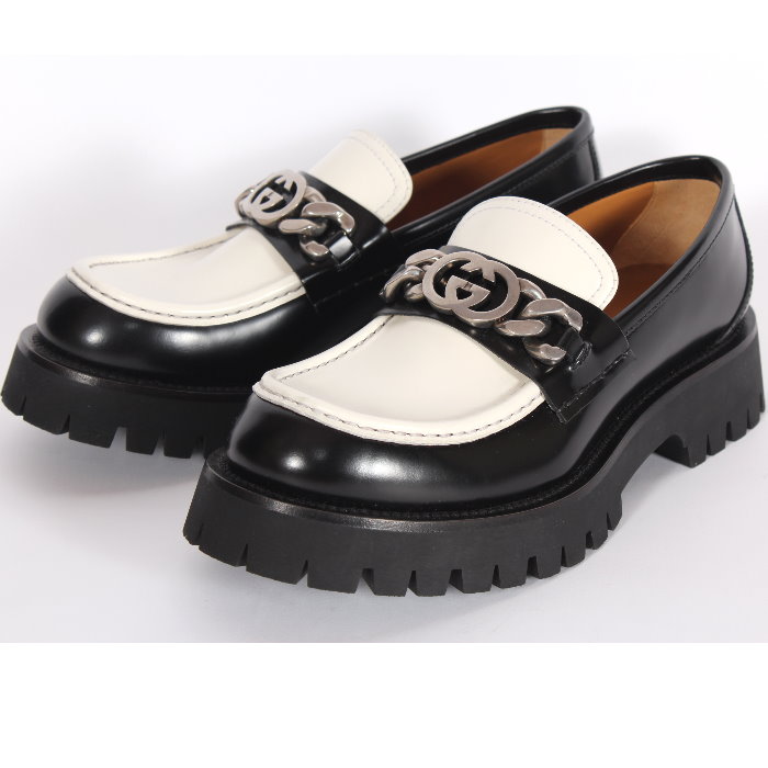 GUCCI グッチ インターロッキングG チェーン ローファー ブラック＆ホワイト 752093 DS8J0 1072 8サイズ レザー モカシン ドレスシューズ スリッポン 厚底 靴 シューズ メンズ 売れ筋