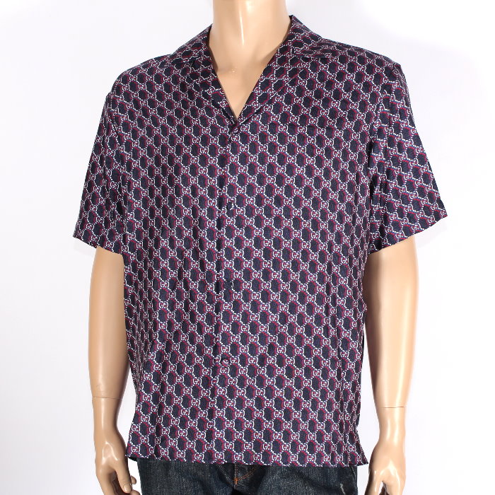 【期間限定】 グッチ GUCCI GG シャドウ シルク ツイル ボウリング シャツ 794907 ZAQ9H 4956 46サイズ ブルー＆レッド 半袖 Tシャツ トップス アパレル メンズ レディース ユニセックス 売れ筋