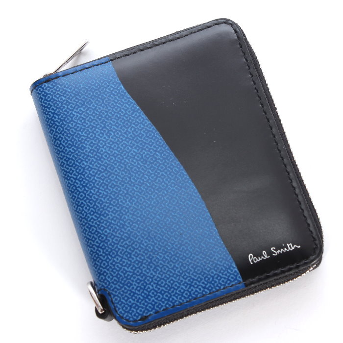 ポールスミス PAUL SMITH ラウンドファスナー 二つ折り財布 M1A 6702 LABTEX ブラック＆ブルー ロゴプリント 札入れ コンパクトウォレット PS メンズ レディース ユニセックス 売れ筋