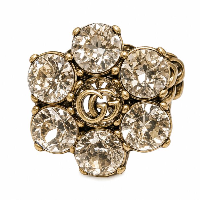 GUCCI グッチ GGマーモント ダブルG クリスタル リング 645682 J1D50 8062 アンティークゴールド ラインストーン ビジュー 指輪 アクセサリー レディース ユニセックス 売れ筋|CUORE