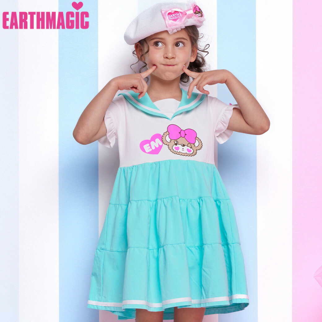 EARTHMAGIC【正規取扱店】アースマジック セーラーカラーベア天竺ワンピース ペールピンク エメグリ 緑 グリーン マフィー 半袖 女児 女の子 子供服 キッズ 100cm 110cm 120cm【50%OFF】