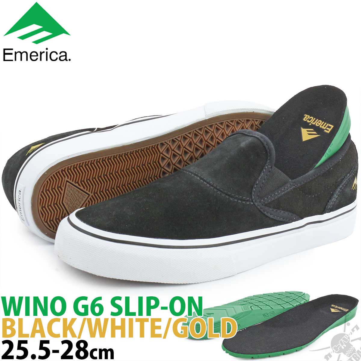 スケボー シューズ エメリカ 25 5 28 Cm ウィノ ウィーノ ワイノ スリッポン ブラック ホワイト ゴールド Emerica Wino G6 Slip On Black White Gold スケートボード スエード バルク バルカナイズ スニーカー 靴 スケシュー ローカット スリップ メンズ サイズ ブランド