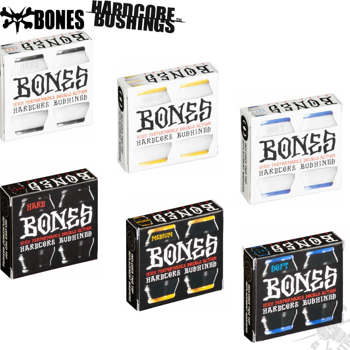ボーンズ ハードコアブッシュ スケボー スケートボード パーツ ブッシング トラック前後用 Bones Hardcore カスタム もらって嬉しい出産祝い ハード ミディアム スケート 1台分セット 大人気の Bushings ソフト トラック