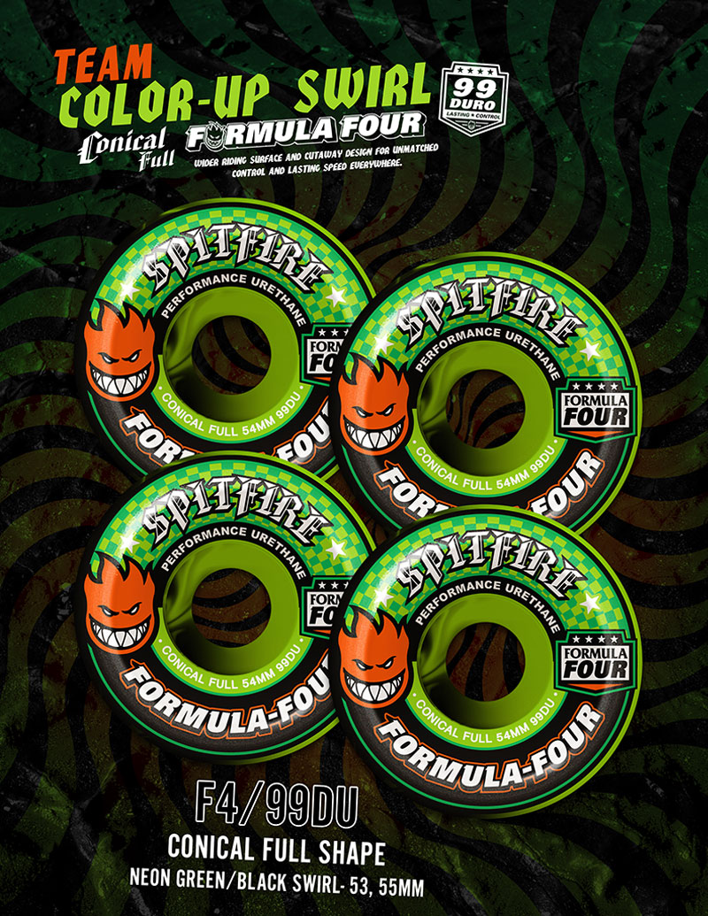 スケボーウィール スピットファイア 53mm 99duro コニカルフル Spitfire F4 Formula Four Conical Full Neon Green Black Swirl スケートボード スケボー ウィール ハード フォーミュラーフォー グリーン ブラック スワール 緑 黒 渦巻き septicin Com