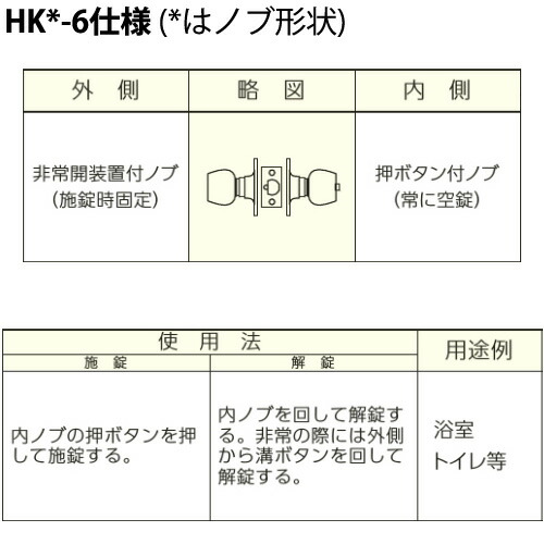 MIWA HK-6型 押しボタン施錠タイプ モノロック錠　ノブ形状D型 ドアノブ 外側：非常解錠装置つき(施錠時固定)／内側：押ボタン(常に空錠)美和ロック HKシリーズ デュラロック 円筒錠 02P09Jul16｜クーテ