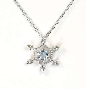 K10WG・ダイヤモンド0.04ct＆アクアマリン ジェムズスノーフレークペンダント ホワイトゴールドネックレス 雪の結晶モチーフ 52,536円