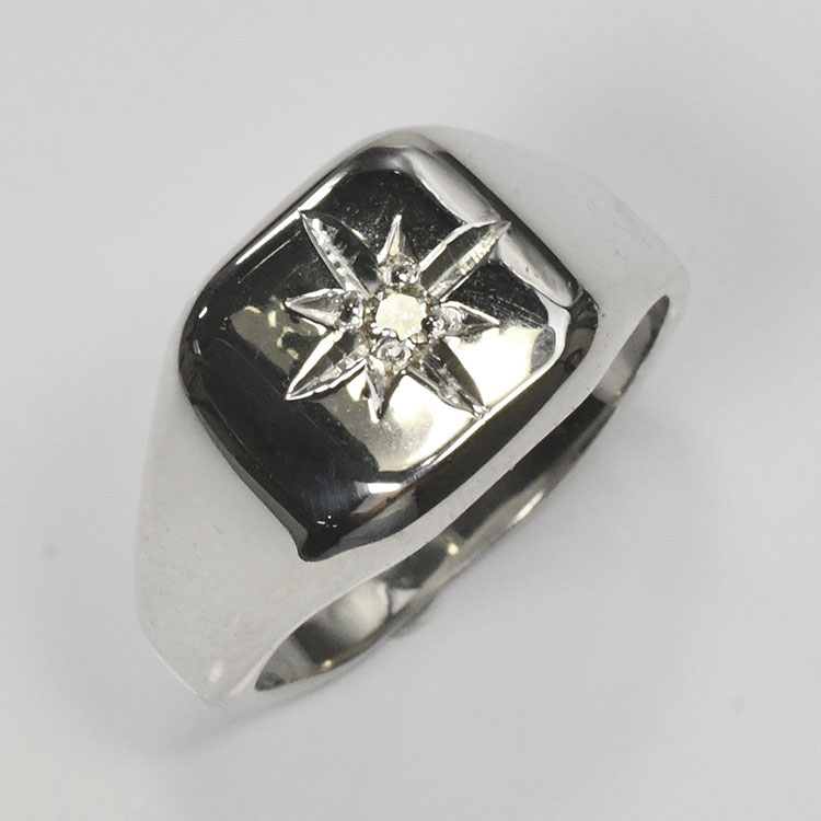 メンズリング 天然ダイヤモンド0.05ct（SIクラス・鑑別書カード付） 印台リング プラチナカラー 手彫り印台リング（納期約３週間） 男性用 指輪