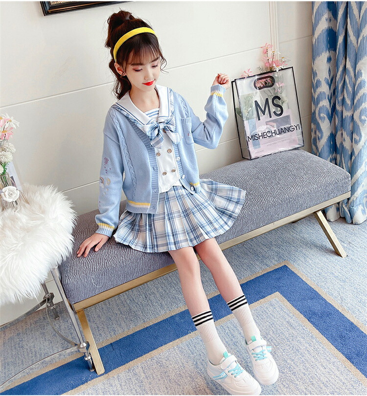 即納】 入学式 卒業式 スーツ 女の子 120 130 子供服 セットアップ jk 制服 セーター 襟付き セーラー風 スカート ジャケット 入園式 制服風 衣装 セットアップ