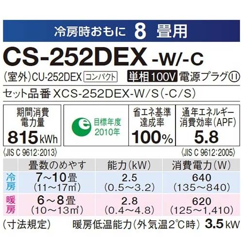 帯電防止処理加工 Panasonic(パナソニック) エオリア CS-252DEX-W