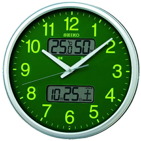SEIKO セイコー 掛け時計 KX235H 文字板 グリーン アナログ 電波時計 連続秒針 スイープムーブメント デジタル カレンダー 温度計 湿度計