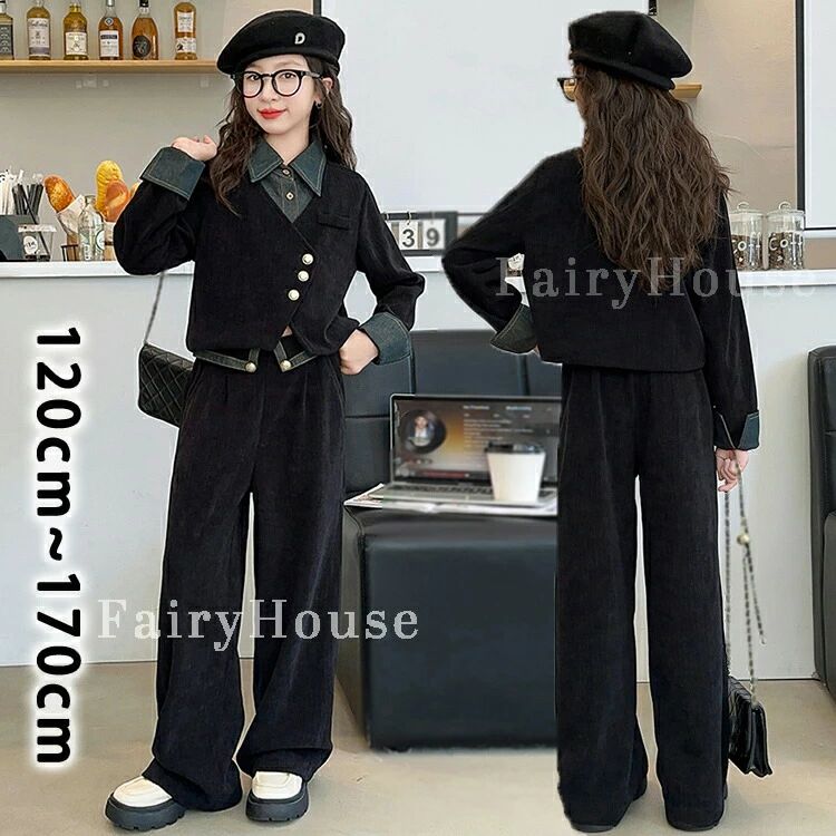 黒系 卒業式 パンツスーツ 女の子 ジュニア セットアップ かっこいい 韓国風 子供服 おしゃれ 重ね着 トップス 長袖 ワイドパンツ 中学生 高校生 6年生 卒服 大人っぽい 入学式 小学生 結婚式 発表会 七五三 フォーマル 120 130 140 150 160 170
