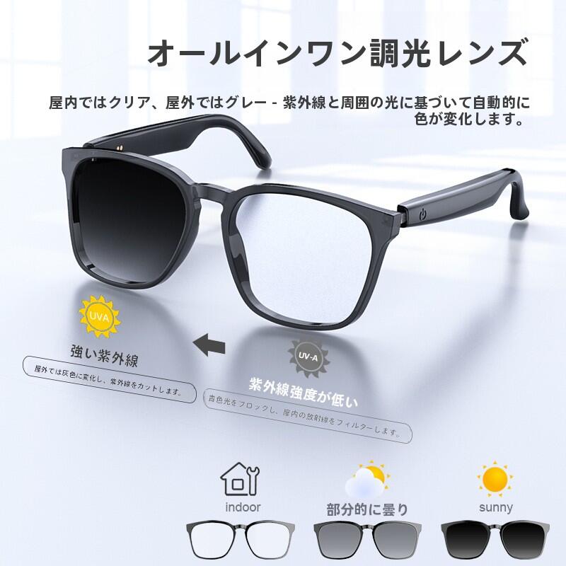 【SS限定5％OFF】スマートグラス Bluetooth5.3 変色調光サングラス ワイヤレスオーディオ オープンイヤー 内蔵マイク UV400 ブルーライトカット AI 翻訳 音楽通話対応