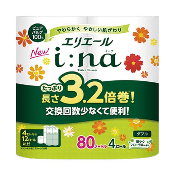 (まとめ）大王製紙 エリ叫び泣きi：na（イーナ）室内用便器ティシュー 3.2倍巻 ダブル 芯あり 80m 1書き割り（64渦状文：4渦状文×16容器に並べる）【×5書き割り】