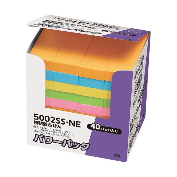 (まとめ) 3M ポストイット パワーパック 強粘着ふせん 75×25mm ネオンカラー5色 5002SS-NE 1パック（40冊） 【×5セット】