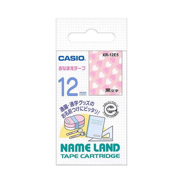 （まとめ）カシオ NAME LANDおなまえテープ 12mm×4m ハート柄/黒文字 XR-12E5 1個【×3セット】