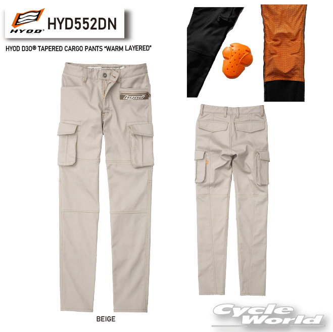 ☆【HYOD】HYD552DN　HYOD D3O? TAPERED CARGO PANTS 　 “WARM LAYERED”《BEIGE》 　膝　プロテクター　ヒョウドウプロダクツ 【バイク用品】