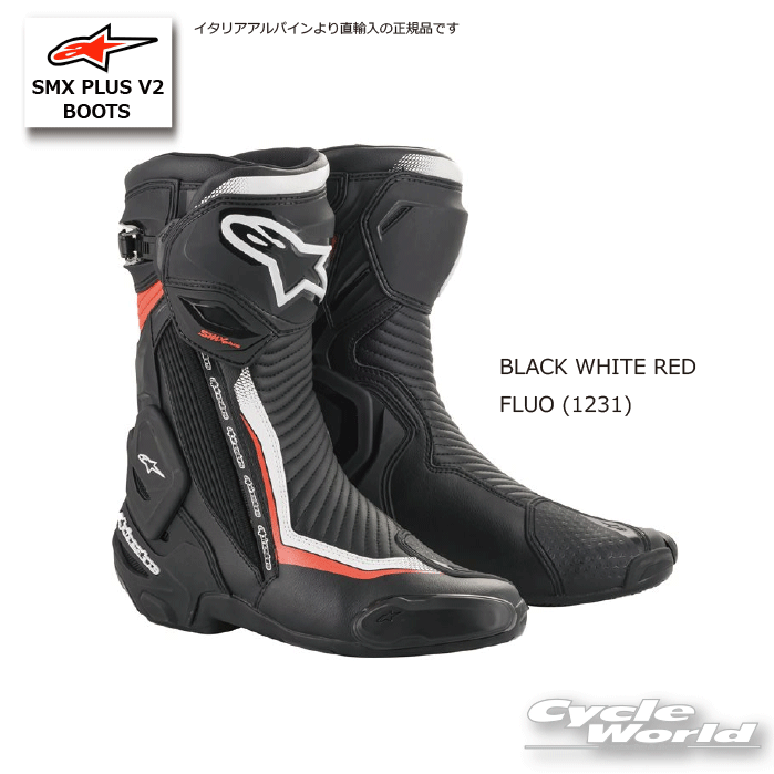 ☆【対応】イタリア直輸入 正規品 SMX PLUS V2 BOOTS《 2221019-1231＿ BLACK WHITE RED FLUO 》【ALPINESTARS】イタリア取り寄せ SMXプラスブーツ レーシングブーツ SMX-PLUS　アルパインスターズ　【バイク用品】
