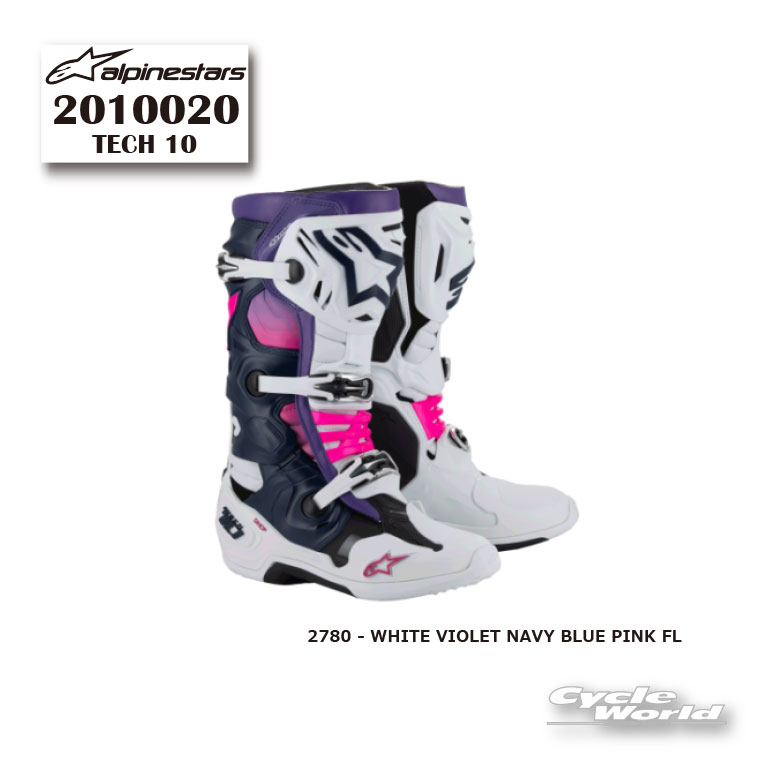 正規品【ALPINESTARS】TECH 10　ブーツ　《2010020》WHITE VIOLET NAVY BLUE PINK FL (2780)　イタリア取り寄せ テック10 アルパインスターズ　 モトクロス　オフロード　MX【バイク用品】｜バイク用品専門店サイクルワールド