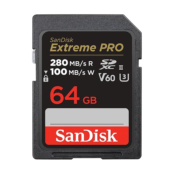 64GB Extreme PRO SDXC、最大限度280MB/秒、UHS-II、位置付け10、U3、V60。
