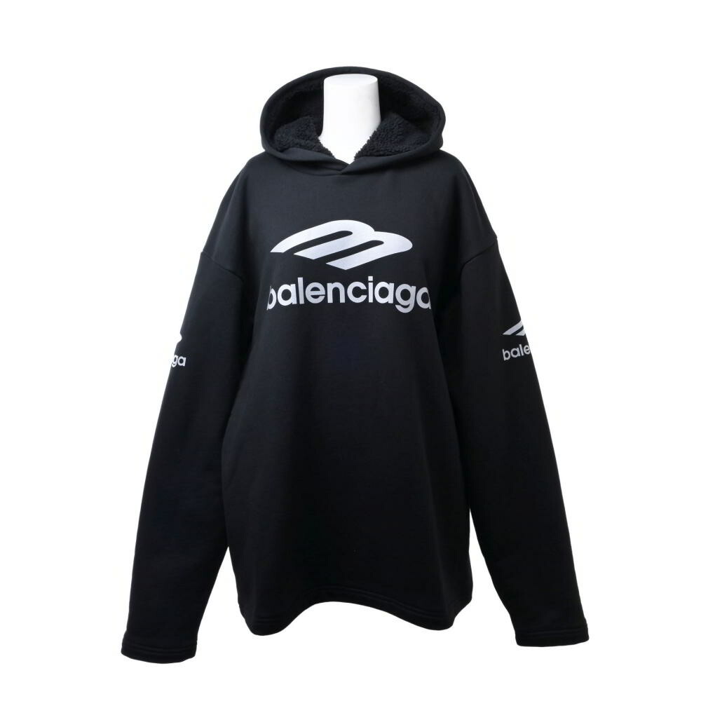 BALENCIAGA ロゴタイプ刷り上げる 裏起毛 ロングパーカ L 黒いこと バレンシアガ 【中古】