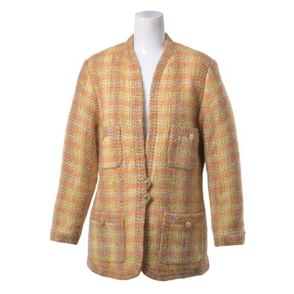 CHANEL ヴィンテージ ファンシー ツイード ノーカラー ジャケット ココマークボタン 36 オレンジ シャネル 【中古】|CYCLE HEARTS店