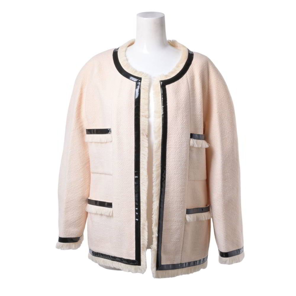 CHANEL 21334 ヴィンテージ ウール ツイード ノーカラー ジャケット 38 アイボリー シャネル 【中古】｜CYCLE HEARTS店 59,675円