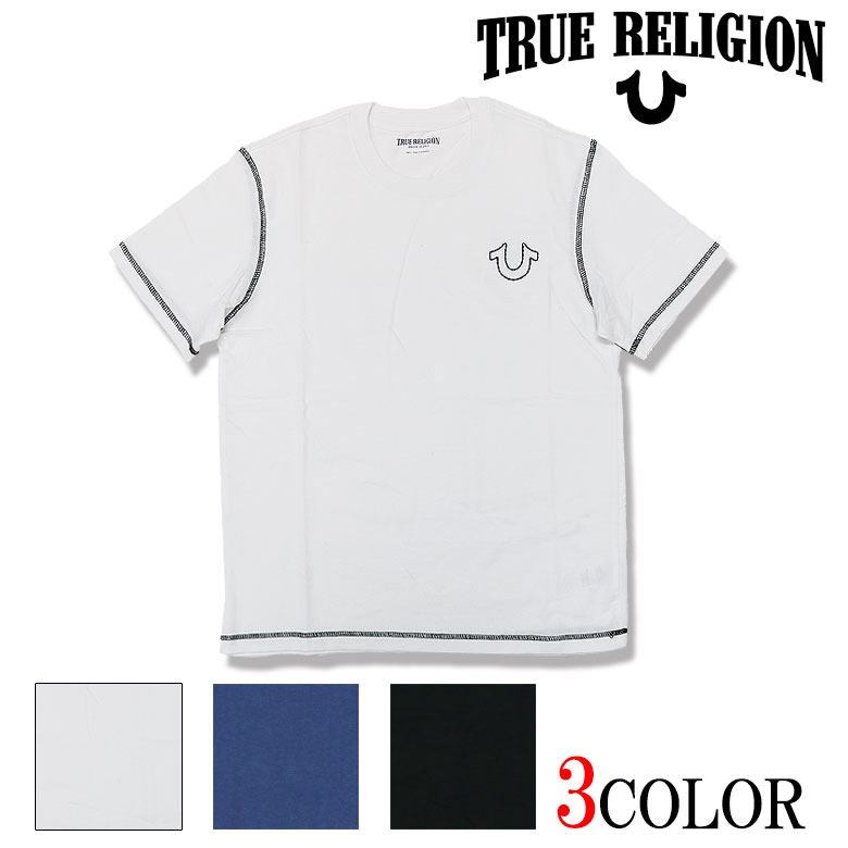 【True Religion】 トゥルーレリジョン プルオーバー 半袖 カットソー 編み目 CLASSIC SS FLATLOCK TEE 鉄蹄 平ったい鍵を掛ける 刺しゅう メンズ