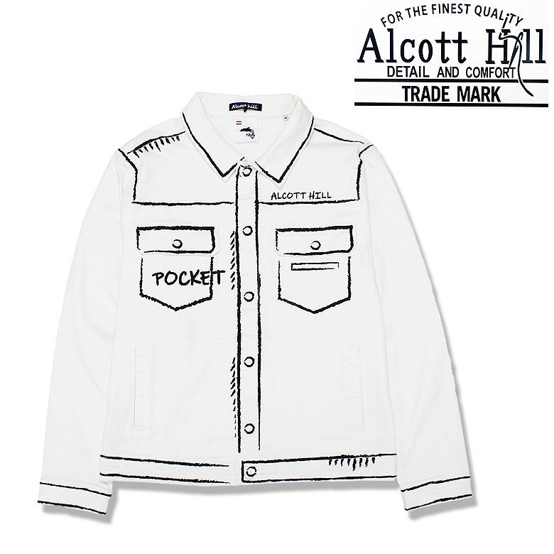 【ALCOTT HILL】アルコットヒル Gジャン デニムジャケット ホワイト グラフィックデザイン 手書き風 セットアップ可 カジュアル 大人 メンズ