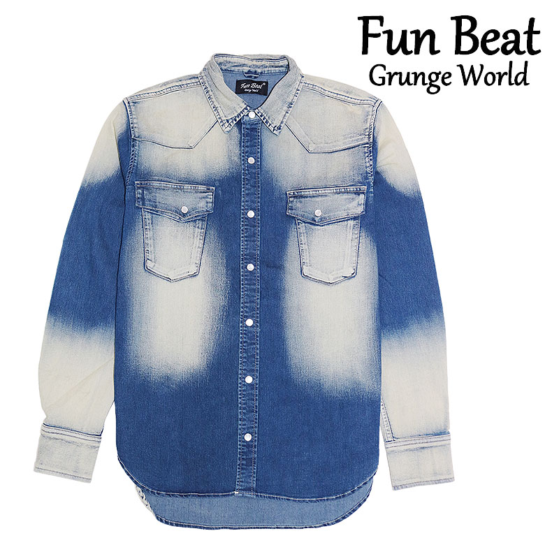 Fun Beat ファンビート デニムシャツ ウエスタンシャツ ブリーチ加工 スナップボタン インパクト かっこいい メンズ カジュアル