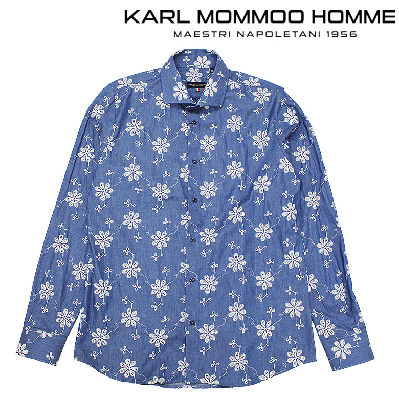 【KARL MOMMOO HOMME】カールモンモー 長袖シャツ ロングスリーブ アイレット 穴あき 花柄 フラワー 大人 青 ブルー イタリア ナポリ おしゃれ メンズ カジュアル｜DBLAND