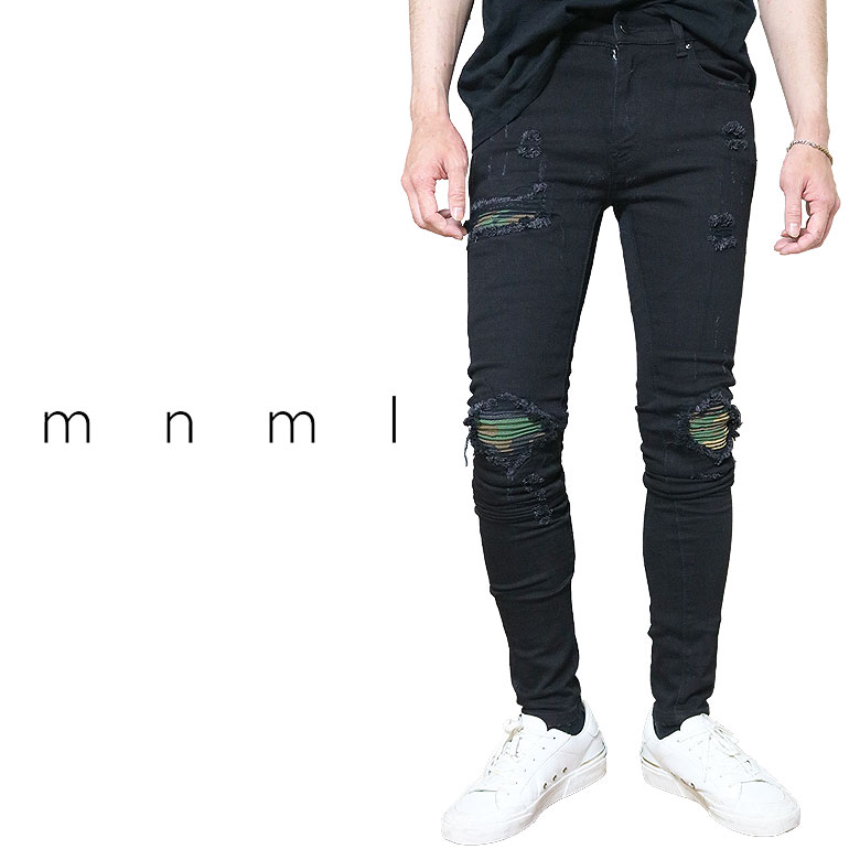 【mnml】ミニマル ストレッチデニム ジーパン スキニースリムフィット X204 STRETCH DENIM クラッシュ ダメージ加工 ストレッチ 脚長美脚効果 モード ストリート メンズ
