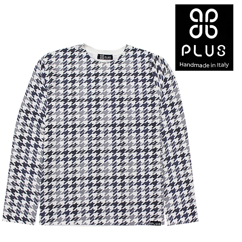 【PLUS】プラス Tシャツ 長袖Tシャツ カットソー 千鳥格子柄 ブラック 黒 プリント ブランドタグ インパクト 大人 メンズ｜DBLAND