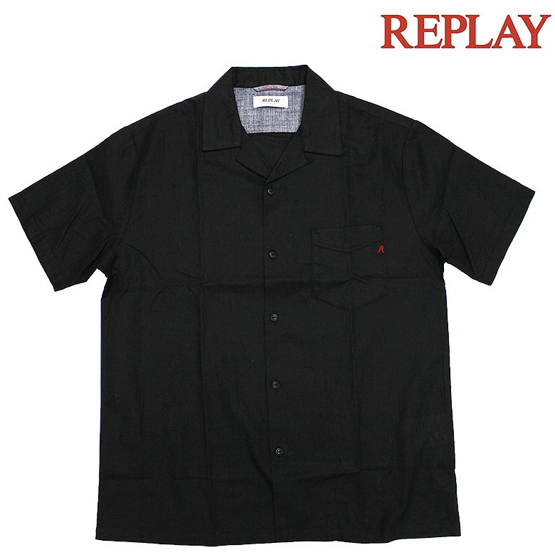 【REPLAY】リプレイ 半袖シャツ ショートスリーブ リネン混 RELAXED-FIT LINEN AND COTTON SHIRT R刺繍 リラックスフィット メンズ