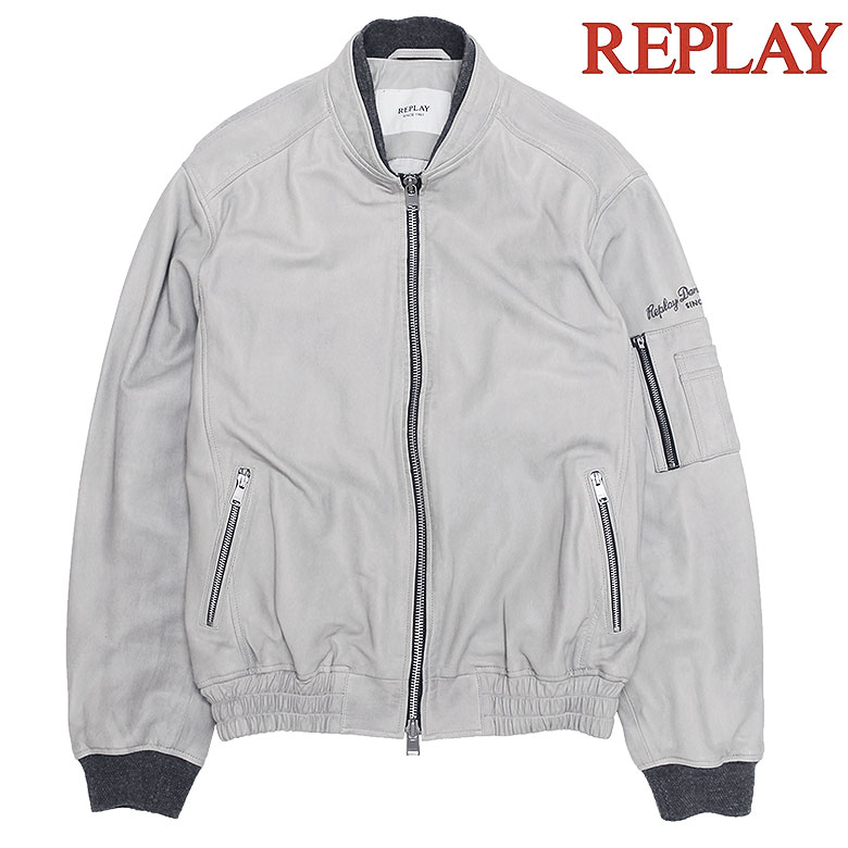 【REPLAY】リプレイ レザーボンバージャケット レギュラーフィット スタンドカラー レタリング 羊皮 シープレザー メンズ｜DBLAND