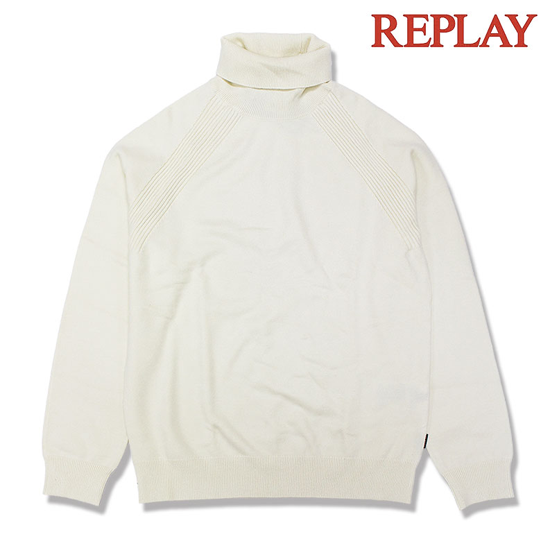 【REPLAY】リプレイ ポロネックプルオーバー タートルネック プルオーバー ラグランカット リブニット 無地 フラッグラベル 快適 メンズ