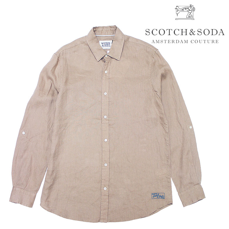【SCOTCH\u0026SODA】 スコッチアンドソーダ 長袖プルオーバー Yシャツ カッターシャツ 御召しものプルオーバー ベージュ 赤銅色 赤銅色 冷やりとした 薄っぺら 麻 リネン 刺しゅう 182346 メンズ 心地よい