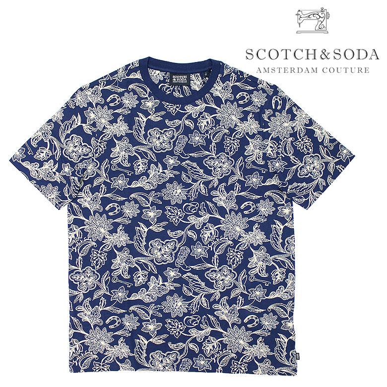 【SCOTCH&SODA】 スコッチアンドソーダ Tシャツ 半袖 カットソー ボタニカルプリント 花柄 エキセントリック 182291 メンズ カジュアル