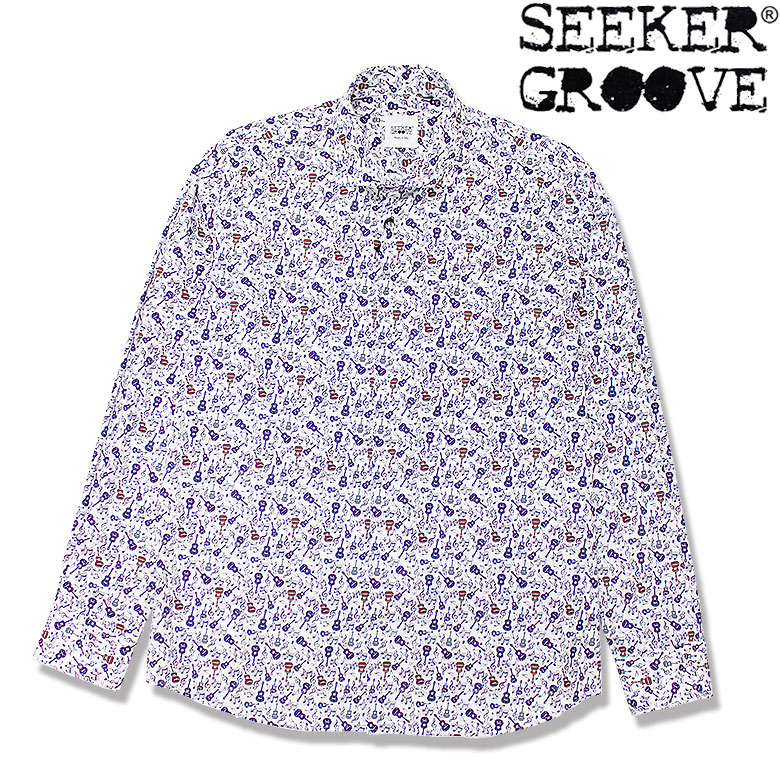 【SEEKER GROOVE】シーカーグルーブ 長袖シャツ LS SHIRT プリントデザイン ギターデザイン 音楽 音符 メンズ カジュアル｜DBLAND