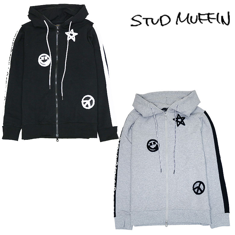 【STUD MUFFIN】スタッドマフィン パーカー フーディ ジップアップ 長袖 ストレッチベア裏毛 サガラパッチ ロゴpt サイドライン メンズ カジュアル