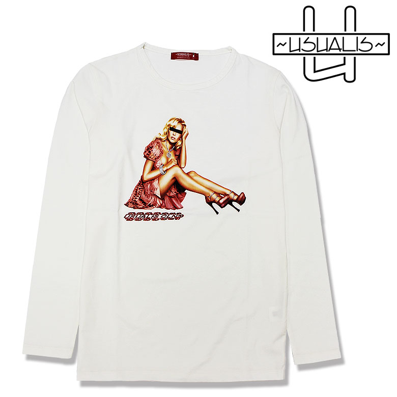 【USUALIS】ウザリス ウザリス Tシャツ 長袖 ウーマンプリント かわいい LADYプリント ラインストーン スワロ メンズ カジュアル