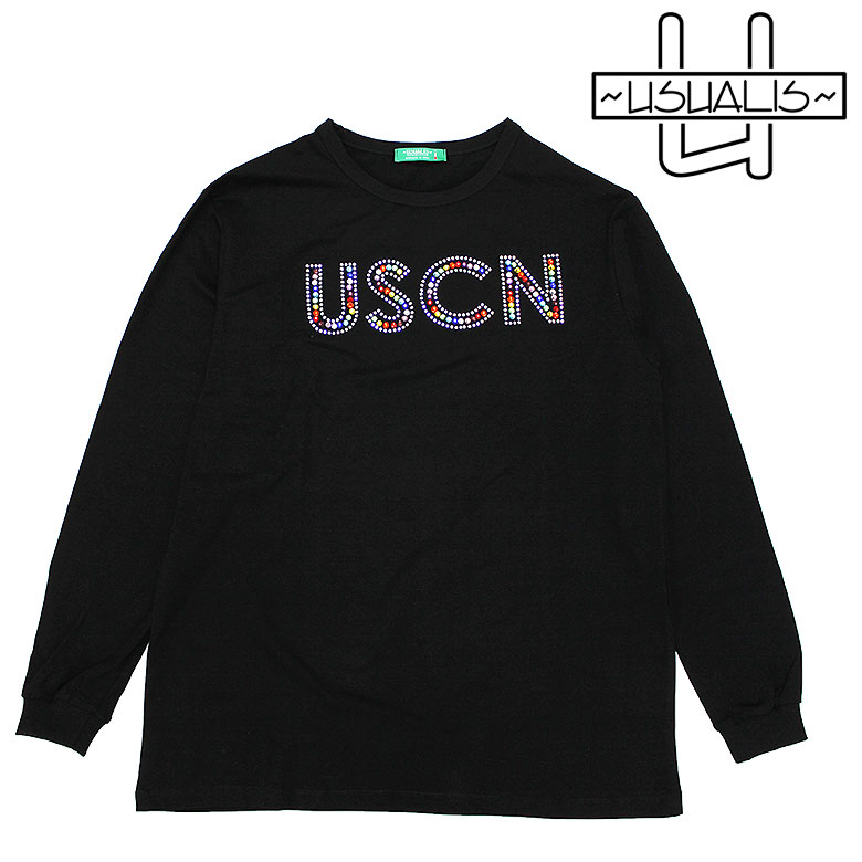 【USUALIS】ウザリス Tシャツ 半袖 カットソー RHINESTONE DESIGN L/S T-SHIRT USCN スワロ ラインストーン メンズ イタリアブランド