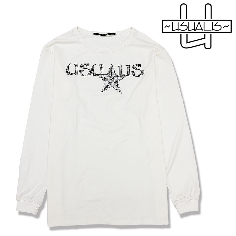 【USUALIS】ウザリス Tシャツ 長袖 カットソー ロングスリーブ ロゴデザイン スワロ ラインストーン メンズ イタリアブランド
