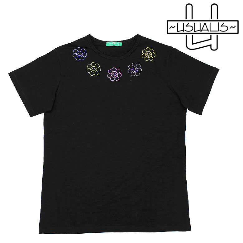 【USUALIS】ウザリス Tシャツ 半袖 カットソー RHINESTONE DESIGN S/S T-SHIRT スマイルフラワー ラインストーン スワロ メンズ イタリアブランド